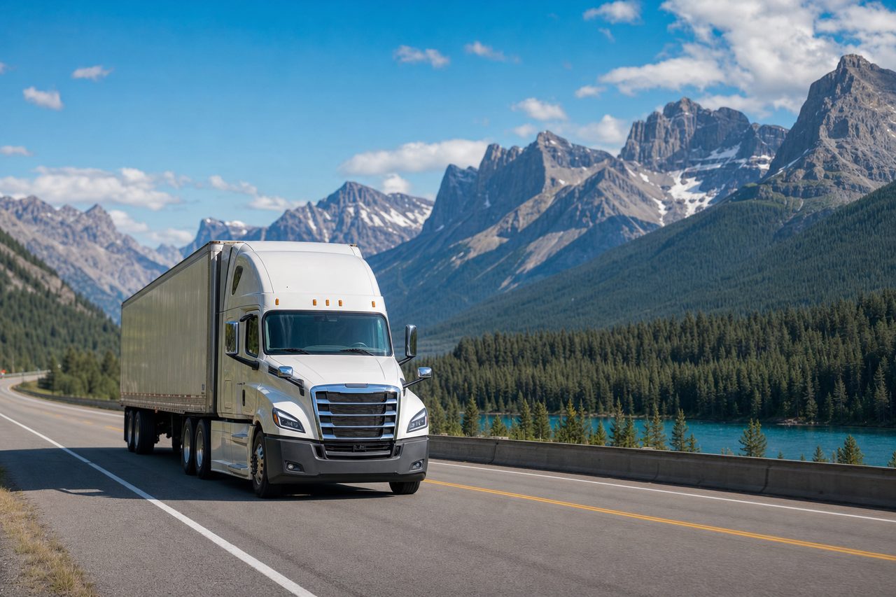 A heavy-duty semi-truck traveling on a highway, representing professional commercial transportation and logistics.