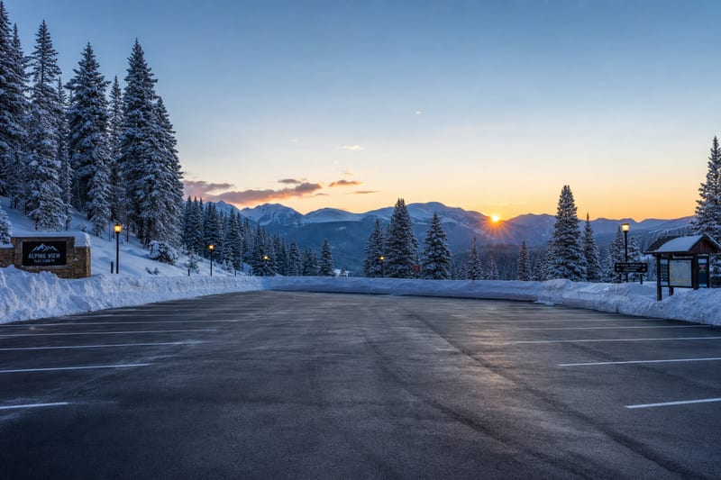 A cleared, snowy mountain trailhead parking area surrounded by evergreen trees covered in frost under a crisp morning sky.